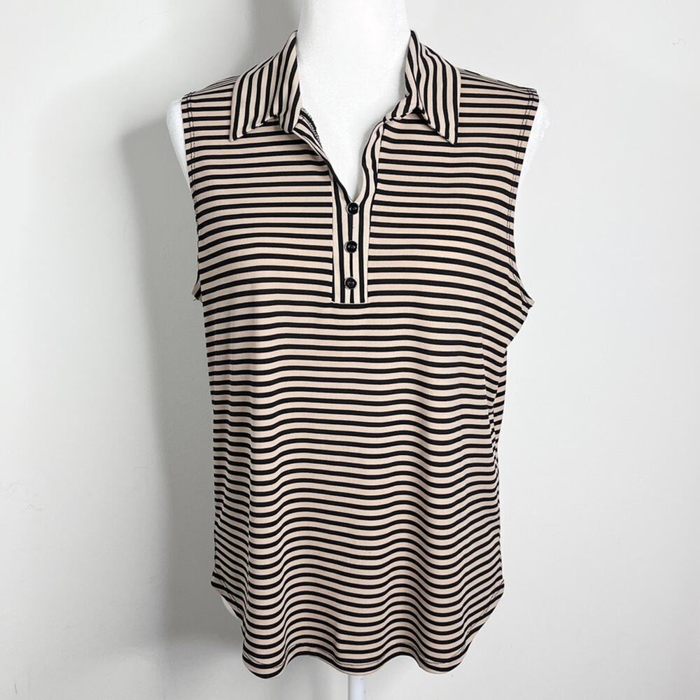 Diana Belle Womens Sleeveless Top L Black & Tan Striped 1/4 Button Collared Tank - Picture 3 of 7